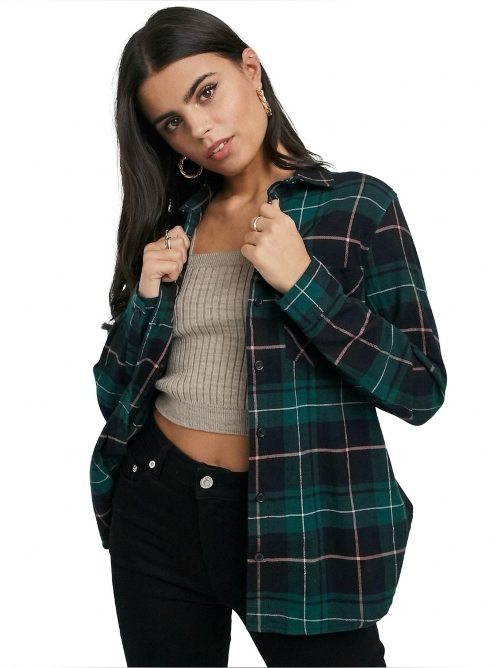 New Look Petite Green & Pink Plaid Flannel Button Down Shirt - Size US 4 (EUC)